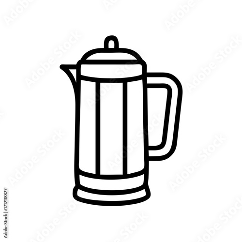 Coffee pot in simple line style with handle for brewing coffee, transparent background, vector, icon, isolated 