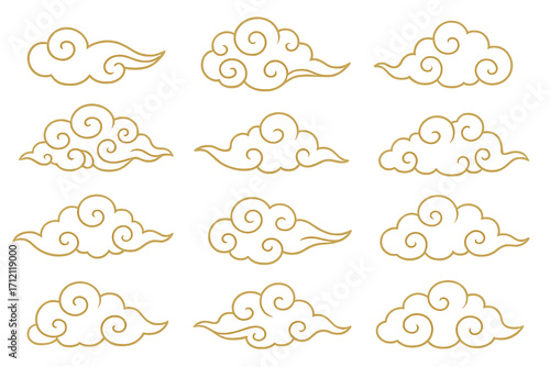 Set of traditional Chinese clouds in gold line art style. Asian oriental auspicious cloud pattern collection. Vector illustration for Chinese New Year, Mid Autumn Festival design.