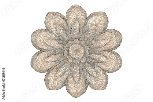 Guilloche rosette element in a floral style. Isolated template for the protection of securities, certificates or diplomas. Vintage ornament with wavy curly lines for design.