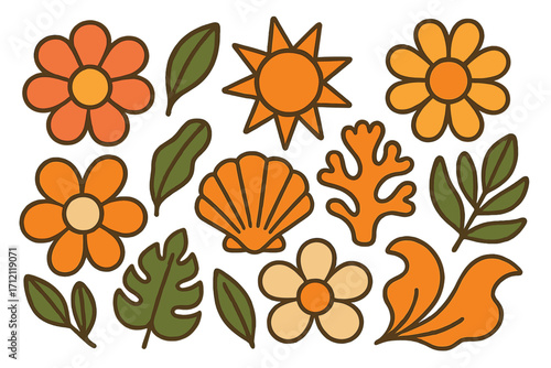 Groovy retro 70s floral summer elements set. Vintage inspired collection of flat vector illustrations with flowers, leaf shapes, shell, sea coral, and sun icons. Hippie style.