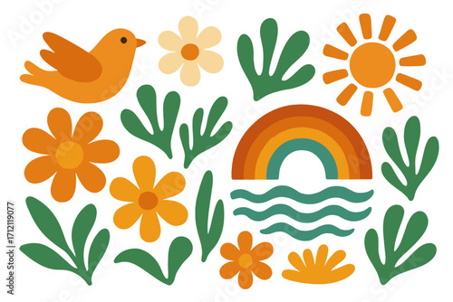 Retro 70s groovy floral summer elements set. Matisse style paper cut abstract shapes. Naive art collection with flower, leaf, sun, bird, rainbow and sea wave shapes.