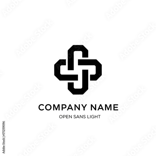 Modern geometric logo design featuring two interlocking angular shapes forming a cross or plus symbol on a white background.