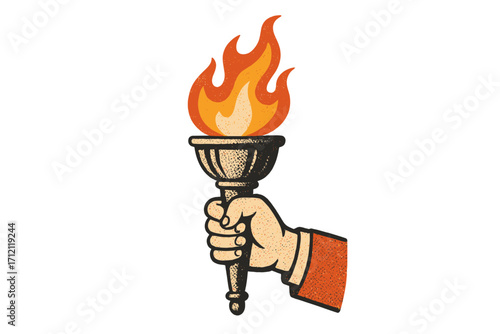 Hand holding a burning torch. Retro vector illustration with halftone texture. Concept of victory, freedom, hope, knowledge, and leadership. Olympic flame symbol of spirit.