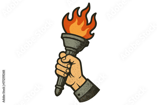 Hand holding flaming torch. Concept of freedom, liberty, victory, success, hope, and protest. Retro halftone vector illustration. Olympic fire symbol. Leadership and power.