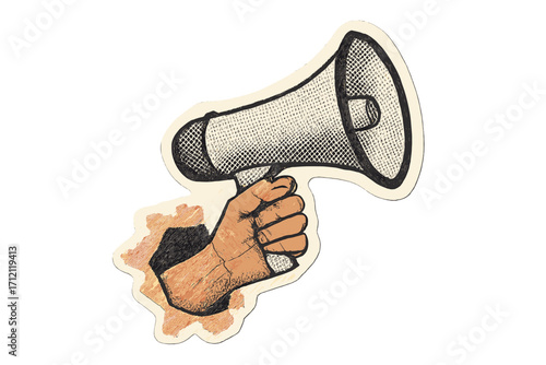 Loudspeaker in hand, vintage collage sticker concept. Metaphor for announcement, protest, news, alert. Retro halftone cutout illustration for communication, marketing, voice, ads.