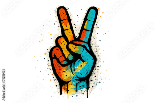 Graffiti V sign hand gesture for peace and victory. Colorful urban street art illustration. Spray painted symbol with paint drops and texture. Isolated vector element for design.