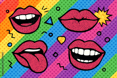 Pop art mouths and lips vector seamless pattern. Retro comic halftone illustration with funny expressions. LGBT Pride month concept on a bright rainbow background.