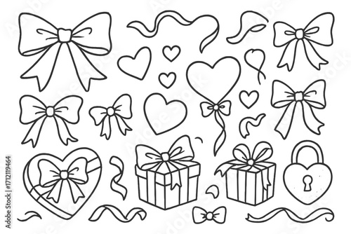 Hand drawn Valentine's day coquette clipart set. Cute contour elements with satin bows, ribbons, hearts, and gift boxes. Romantic love symbols collection. Vector doodle icons.