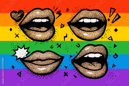 Pop art lips and mouths collage on a rainbow flag background. Vector halftone comic style illustration set for Pride Month. LGBTQ+ freedom and equality celebration concept.