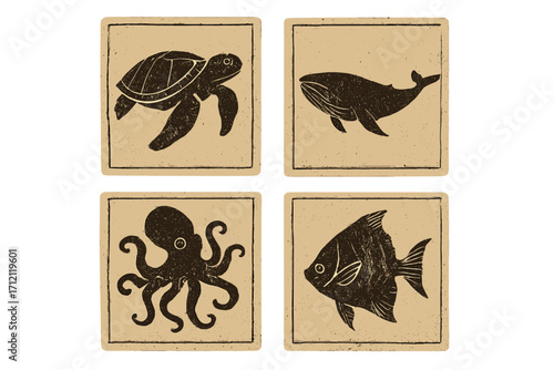 Vintage marine life set. Retro monochrome linocut print. Sea turtle, whale, octopus, fish silhouette. Grunge stamp effect on textured paper. Nautical animal illustration.