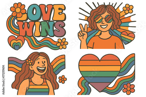 Groovy LGBT Pride Month sticker set. Retro 70s cartoon characters with queer slogans, rainbow flags, and hippie flower power symbols. Love wins concept vector collection.