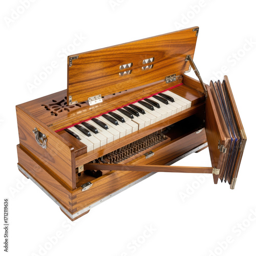 Antique wooden harmonium with ivory keys and bellows isolated on transparent background