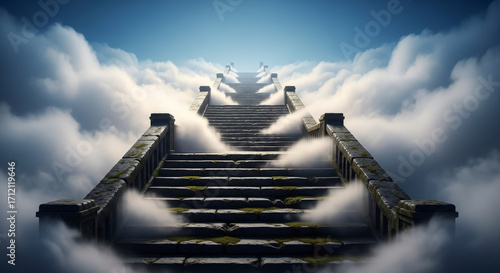 Stone Stairway Ascending into Ethereal Cloudy Sky with Dreamlike Atmosphere Fantasy Concept Stone Texture Sunlight Blue and White Hues Spiritual Journey Theme