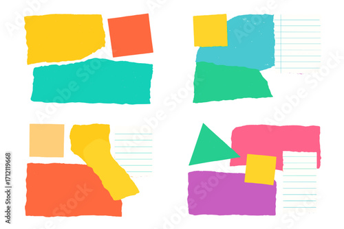 Torn paper collage elements set. Colorful ripped paper scraps with texture. Shreds of notebook pages and sticky notes for modern, trendy graphic design compositions.