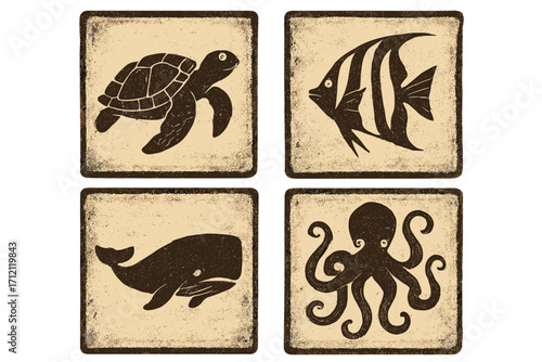 Vintage marine life stamp set. Monochrome retro paper textured cards with sea animal silhouettes. Ocean creatures collection with turtle, whale, octopus, and fish icons.