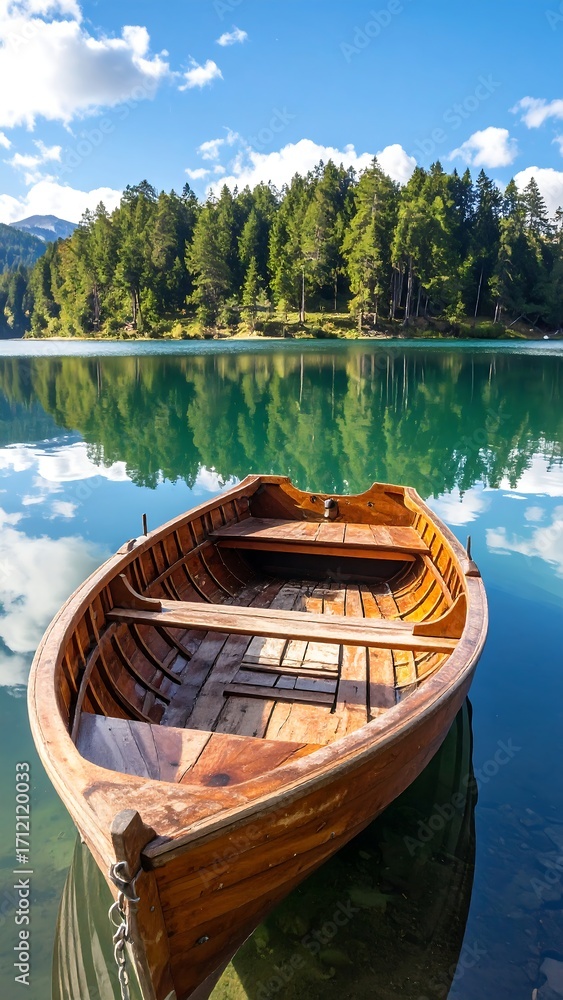 Obraz premium Wooden rowboat on tranquil lake, mirrored reflections, serene landscape