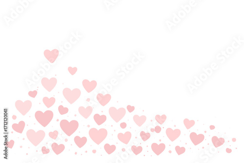 Pink watercolor hearts background for Valentine's Day or wedding. Romantic love symbol border design. Abstract soft pastel heart shapes corner overlay for greeting card decor.