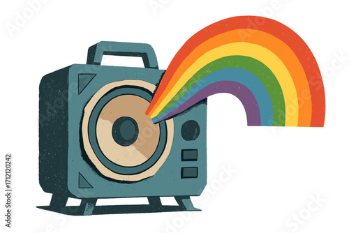 Retro loudspeaker with rainbow soundwave. Pride month LGBTQIA+ concept. Metaphor for queer voices, freedom, equality, love. Music festival party poster. Paper collage vector.