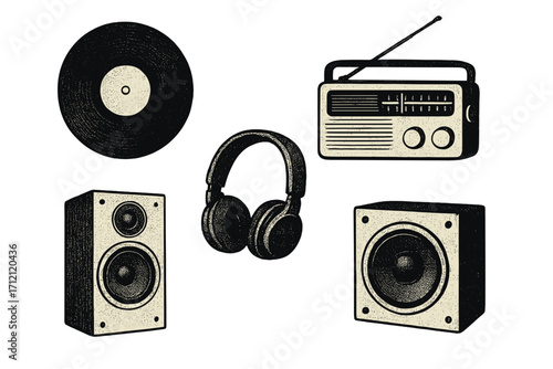 Vintage music technology vector set. Retro halftone dotwork illustration of a vinyl record, radio, speakers, and headphones. Isolated audio equipment for collage or zine.