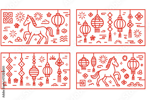 Chinese New Year 2026 banner set for the Year of the Horse. Traditional red geometric line art design. Vector collection with zodiac animal, lanterns, fireworks, and lucky knots.