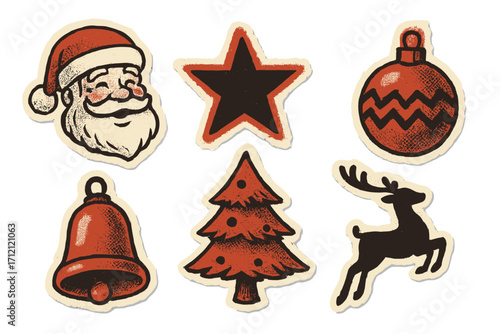 Retro Christmas paper stickers set with halftone photocopy texture, vintage torn-out zine elements for holiday decorations, New Year celebrations, festive red ornament designs