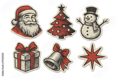 Retro Christmas paper stickers set with halftone photocopy effect, vintage torn out zine elements for holiday decorations and New Year greetings, festive red Santa, tree, snowman, gift, bell, star