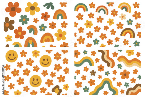 Retro childish aesthetic seamless patterns with groovy rainbows, smiley faces, and vibrant floral hippie naive 60s 70s vintage minimalist decorative backgrounds