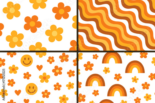 Retro seamless groovy patterns collection with childish aesthetic, hippie naive 60s and 70s vintage style minimalistic floral, smiley, heart, wave, and rainbow decorative backgrounds