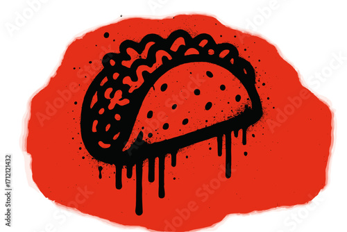 Urban graffiti style tacos icon silhouette with drips and drops, street fast food graphic, vibrant red background, vector cartoon illustration, Mexican taco design