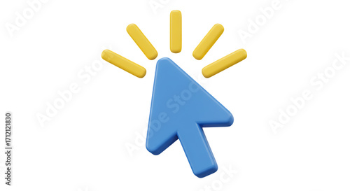 A bright blue computer mouse cursor icon with radiating yellow lines indicating an action or click isolated on white background