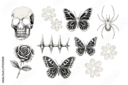 Trendy grunge elements collection with retro negative photocopy effect, Y2K overlay stickers for cool design featuring skull, flowers, butterflies, spider, and spikes vector art