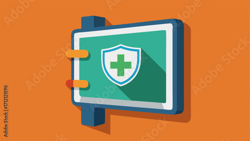 A wallmounted sign with the healthcare facilitys logo.