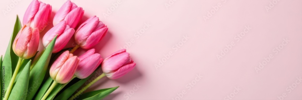 Fototapeta premium Pink tulips bouquet & gift box, pastel background Top view , spring flowers, floral, gift box