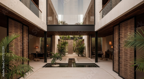 Interior Courtyard with Beige Walls Ornate Wood Panels and a Small Reflecting Pool Under Open Sky Architecture