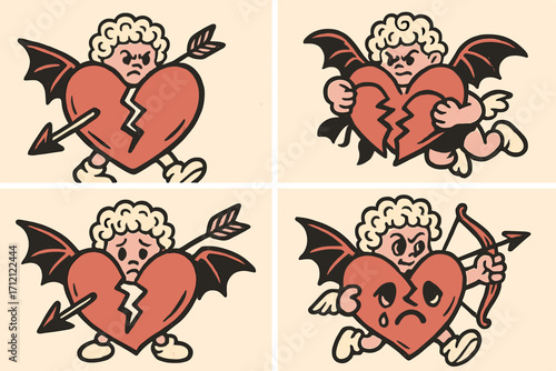 Trendy Y2K anti-Valentine’s Day A4 posters set with heart cupids mascots, 2000s retro cartoon characters holding broken hearts, groovy style greeting cards concept