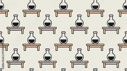Repeated pattern of round bottom flasks with dark liquid on small tables against a light background