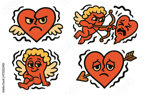 Trendy Y2K Anti Valentine’s Day A4 Posters Set with Angry Heart and Cupid Mascots, 2000s Retro Cartoon Style Groovy Characters, Heartbreak and Love Rejection Theme