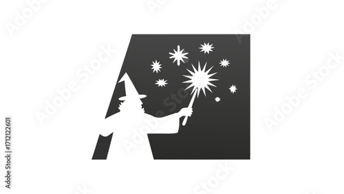 A wizard in silhouette with a pointed hat and robe casts a spell creating stars on a dark background