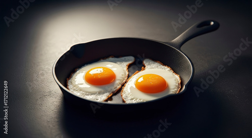 Two Fried Eggs Sunny Side Up Cooking in a Cast Iron Pan on Dark Surface with Shadows and Contrasting Lighting
