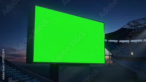 Large Green Screen Jumbotron Billboard in Empty Sports Stadium at Night, Ready for Digital Content or Advertising Mockup