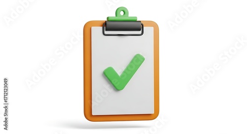 Orange clipboard with a green check mark icon isolated on white background 3D render.