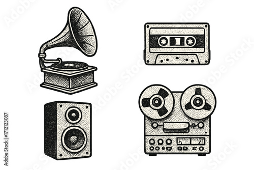 Vintage gramophone, cassette tape, speaker, and tape recorder in halftone dot style, retro music concept, antique audio equipment collection, classic sound technology vector set