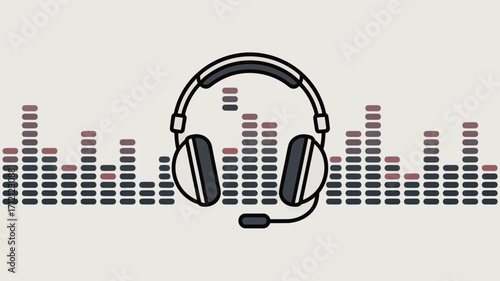 Headphones with microphone and equalizer bars on a light background in a cartoon style design