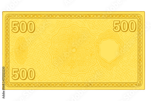 Yellow voucher template banknote 500 with guilloche pattern, watermarks, ornate border, currency design, gift voucher, coupon, money background, check, cheque, finance decoration