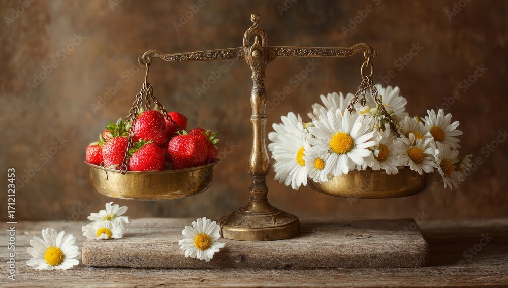 Obraz premium Vintage Balance Scale with Strawberries and Daisies on Rustic Wooden Surface