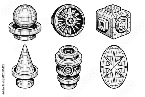 Wireframe 3D geometric shapes set with futuristic holograms, mechanical engine blueprint, cyberpunk retrofuturistic forms in perspective, frontal view, halftone style design