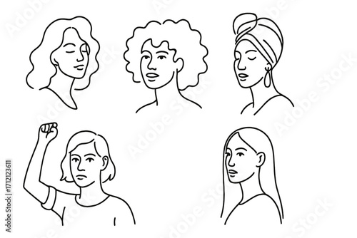 Diverse women portraits in linear style. Women's Day concept. Feminism, girl power, empowerment symbol. Vector hand drawn doodle illustration of multicultural female faces set.