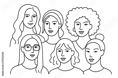 Diverse group of women faces in minimalist line art. Concept for sisterhood, feminism, women's day, and girl power. Female community. Vector doodle hand drawn illustration.