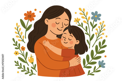 Mother's Day greeting card concept. Mother and daughter hug. Mom holding child. Woman embracing girl with love. Family affection. Hand drawn flat vector illustration.