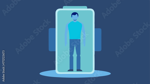 3D Body Scanner A fullbody scanner with a patient standing inside with a screen showing a 3D holographic image of the persons body being analyzed.
